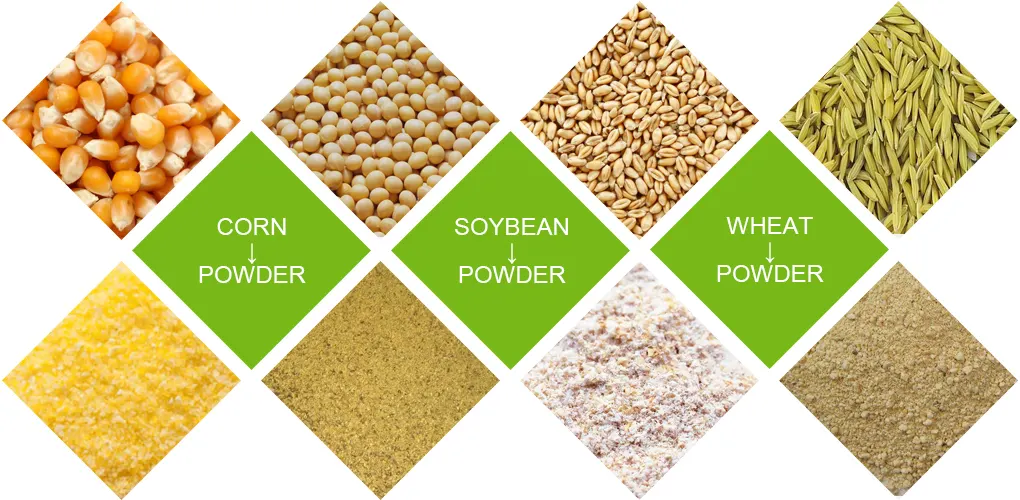various raw materials for making cattle feed pellets